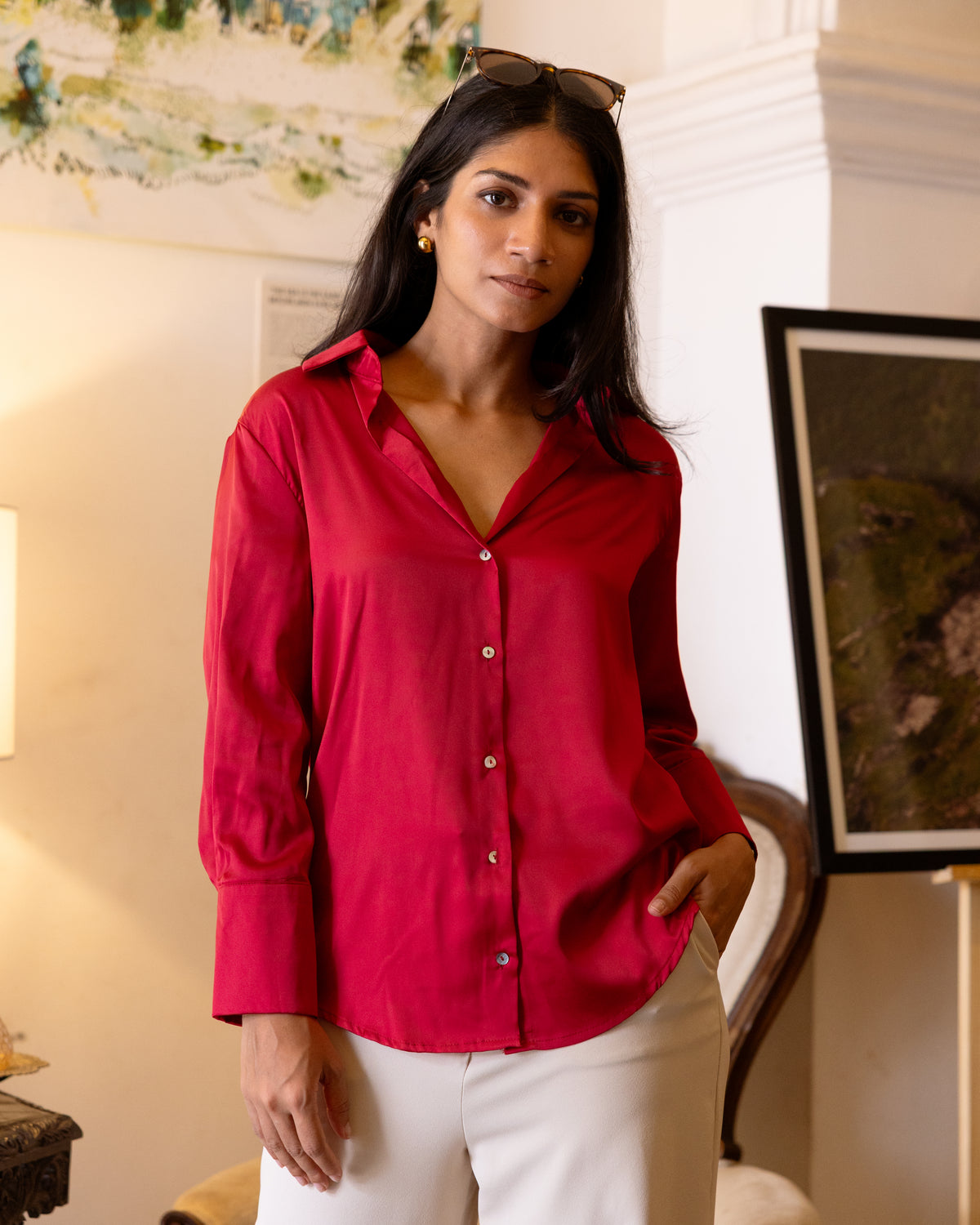 Red silk shirt