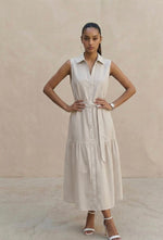 sleeveless brown belted dress