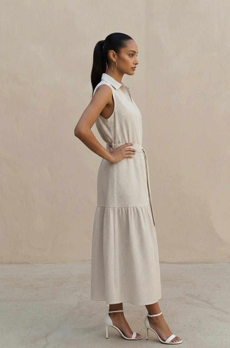 sleeveless brown belted dress