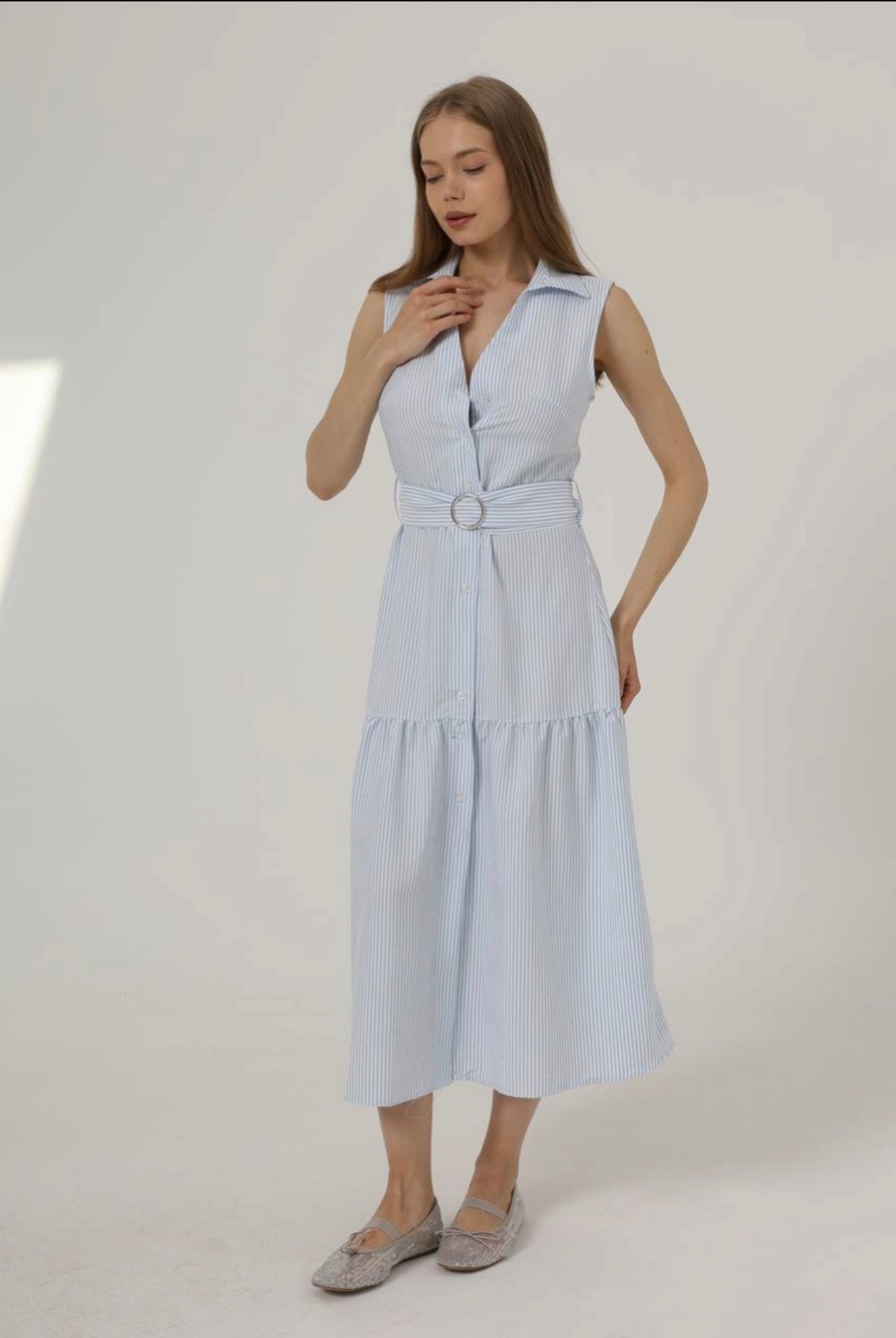 sleeveless belted bluedress
