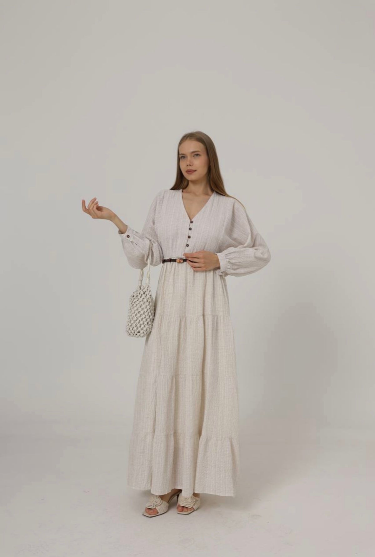 beige belted dress
